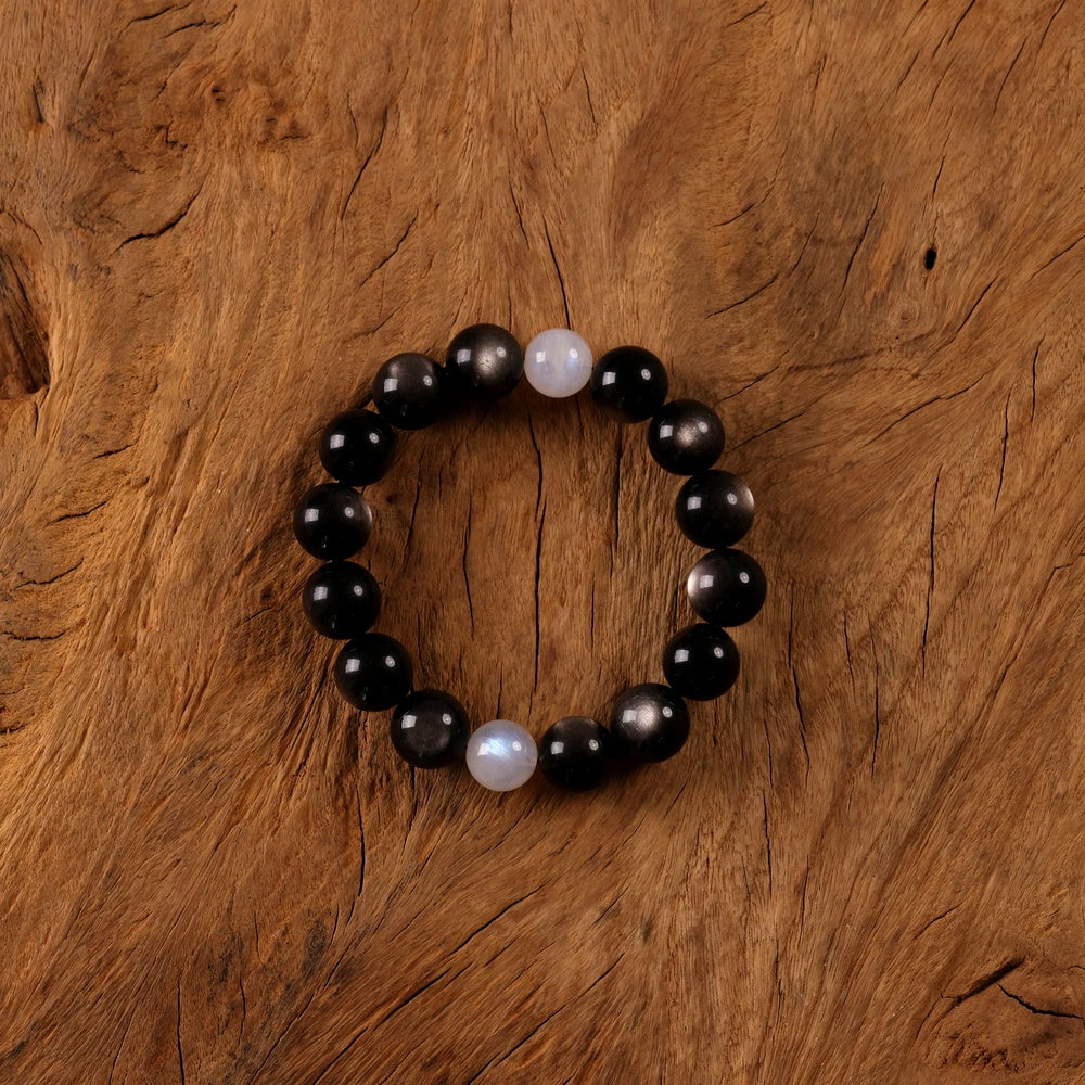 Yin-Yang Harmony Bracelet with Natural Silver Sheen Obsidian and Two Blue Moonstones