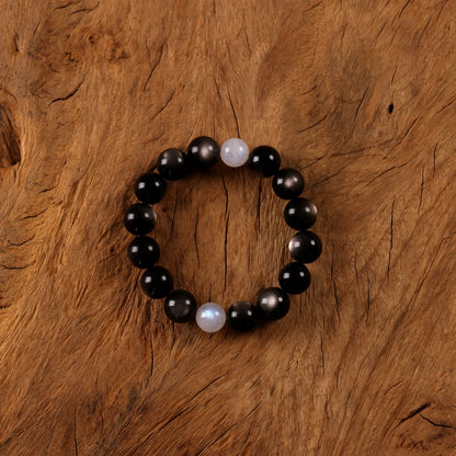 Yin-Yang Harmony Bracelet with Natural Silver Sheen Obsidian and Two Blue Moonstones