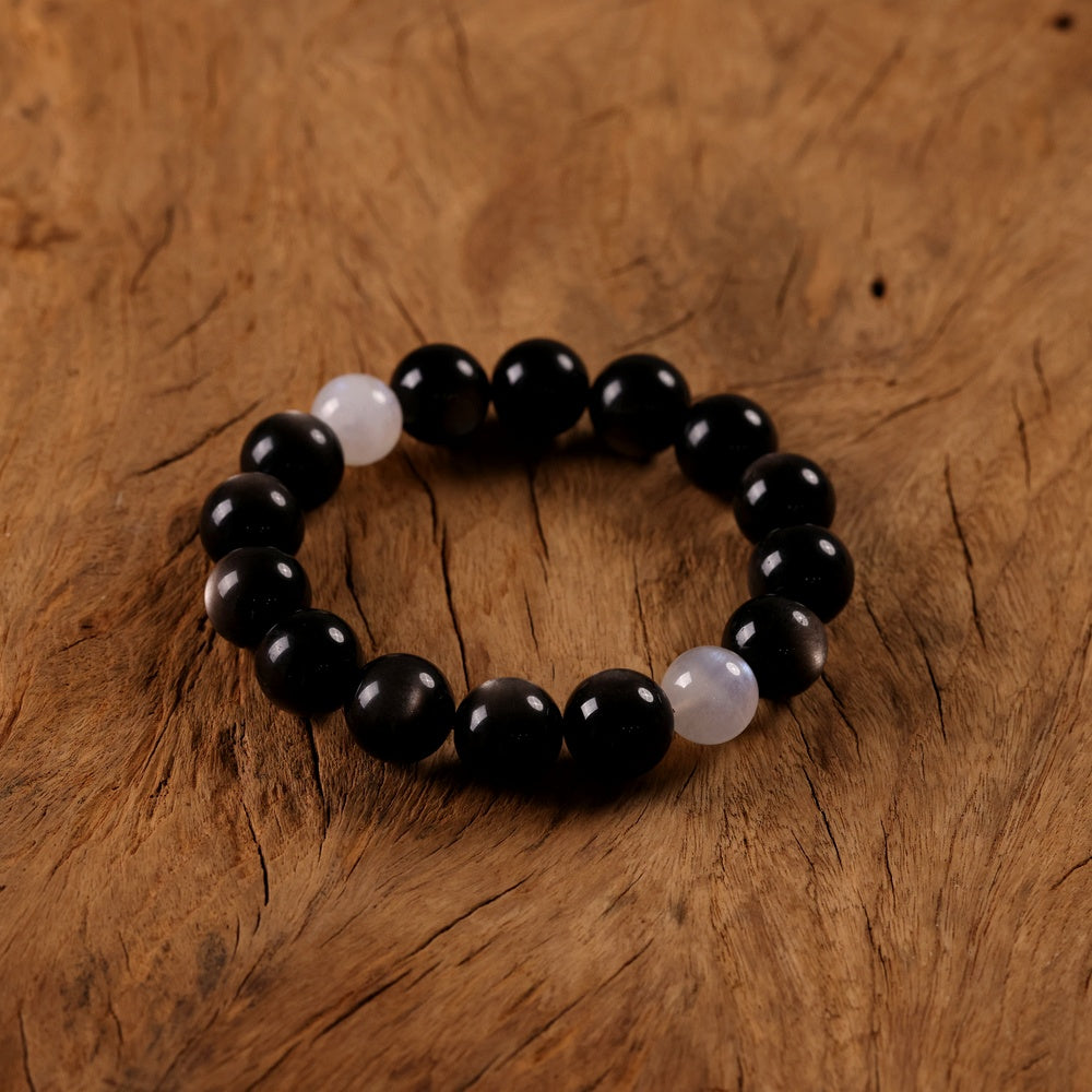 Yin-Yang Harmony Bracelet with Natural Silver Sheen Obsidian and Two Blue Moonstones