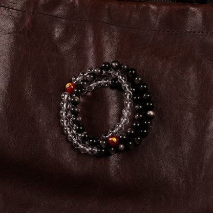Tai Chi Return to Unity Long Strand with Natural White Quartz and Silver Sheen Obsidian