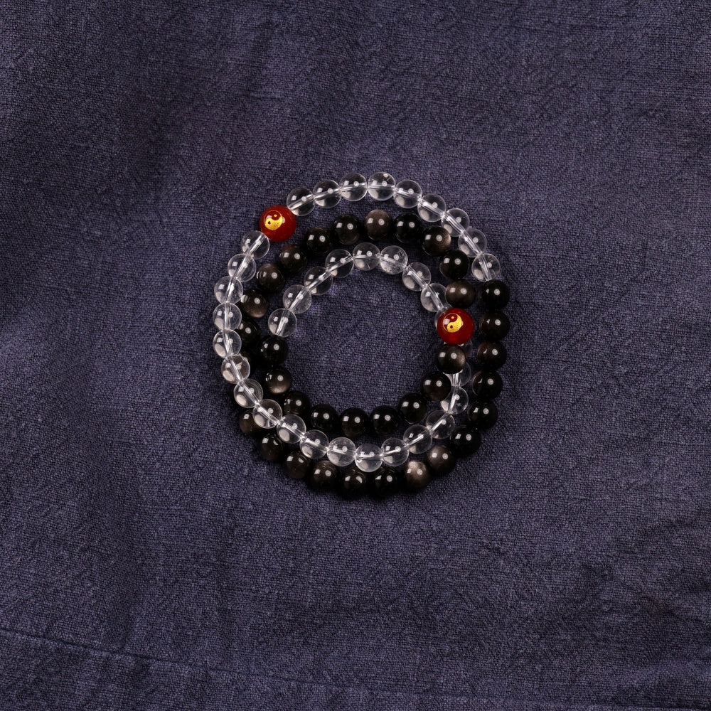 Tai Chi Return to Unity Long Strand with Natural White Quartz and Silver Sheen Obsidian