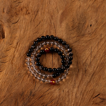 Tai Chi Return to Unity Long Strand with Natural White Quartz and Silver Sheen Obsidian