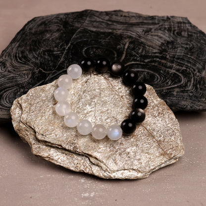 Tai Chi Return to Origin Bracelet with Natural Silver Sheen Obsidian and Blue Moonstone Hunyuan Beads